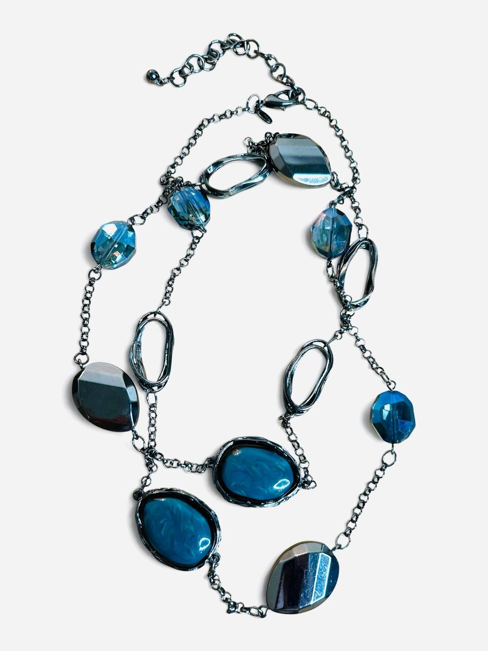 Chicos Long Turquoise Blue Station Necklace Gunmetal Gray Link Layering Chain